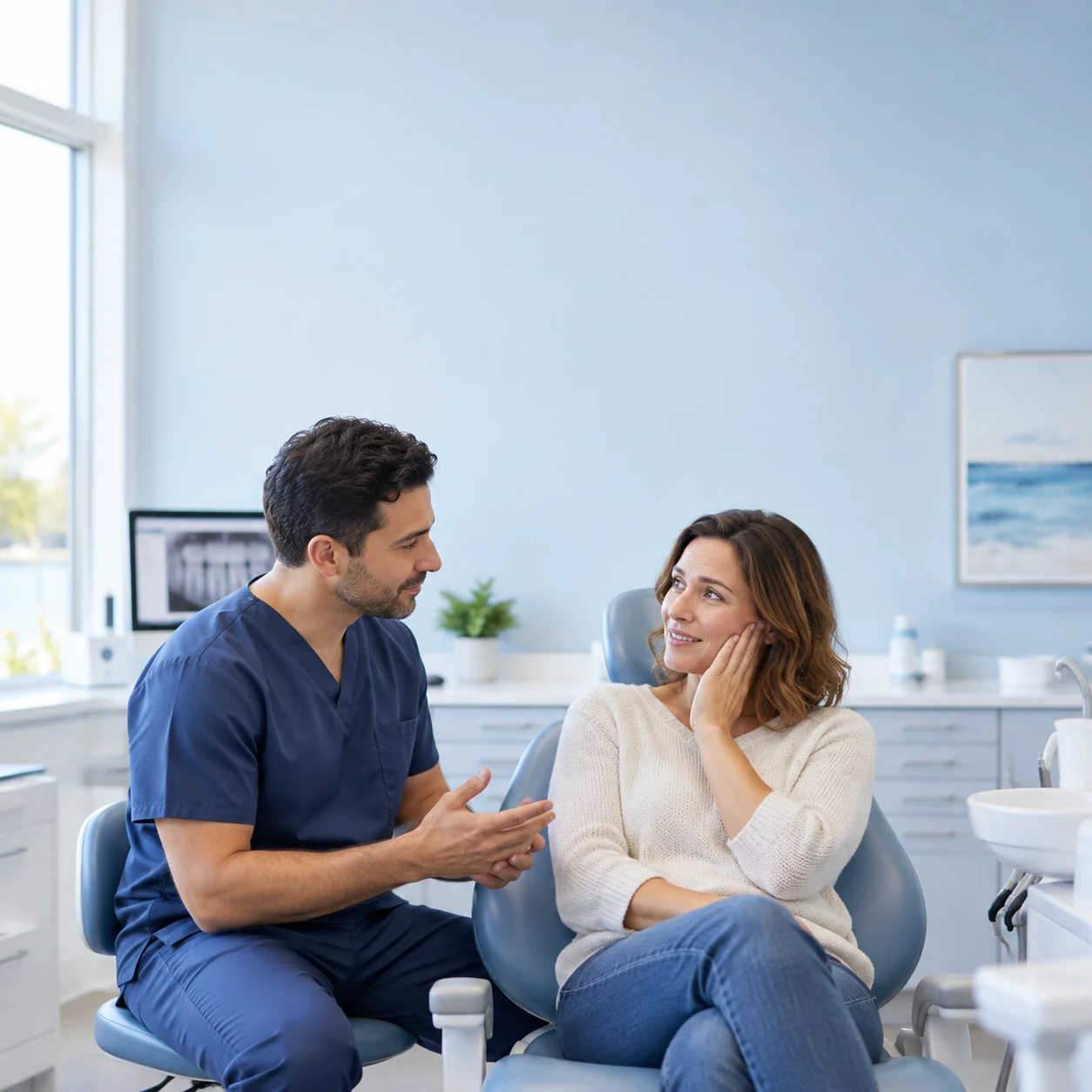 Dentist discussing tooth pain with a patient in a dental clinic